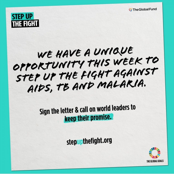 October, 9
World leaders have a unique opportunity to end #AIDS, #TB and #malaria when they meet @GlobalFund this week in Lyon. Join me and demand they take decisive action to #StepUpTheFight and end these epidemics. Add your name today to the letter https://wwwstepupthefight.org. Let's work together to end these diseases for good!
